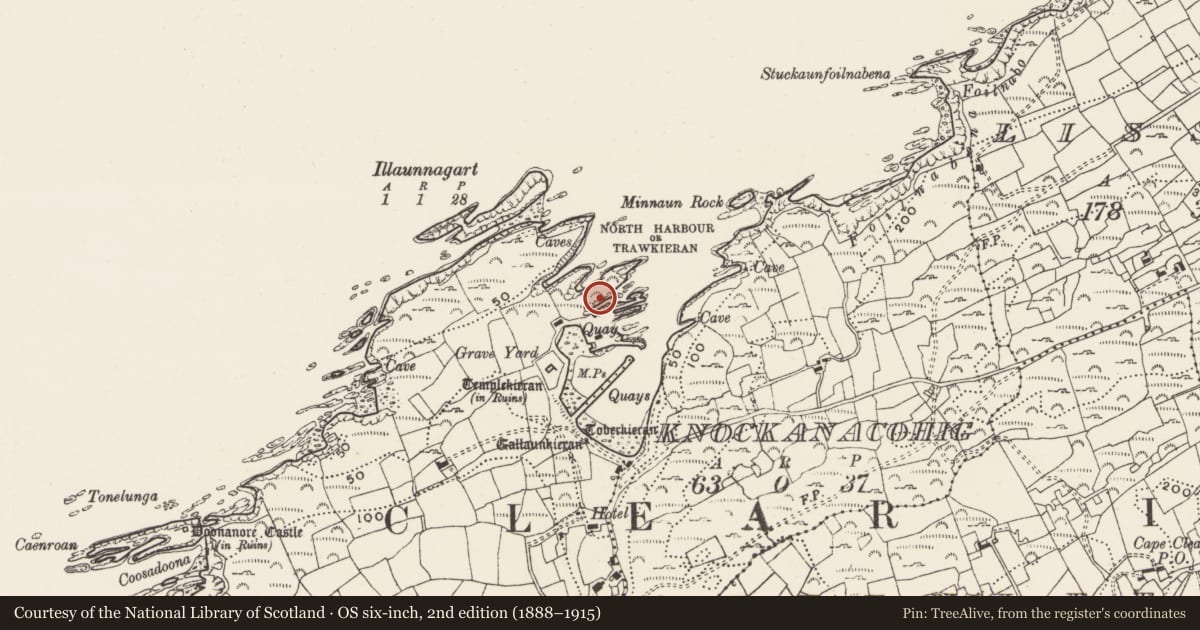 Ordnance Survey six-inch map, 2nd edition (1888–1915) covering the location of Promontory fort - coastal, Baile Iarthach Thuaidh (Cléire), County Cork, with a pin at the register's coordinates