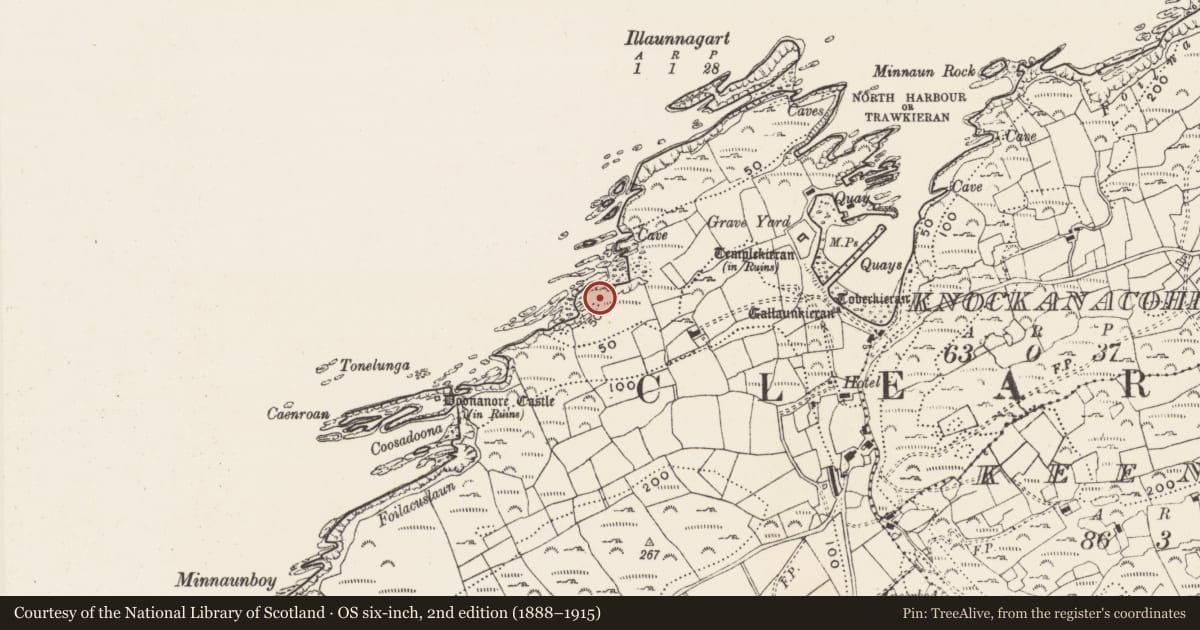 Ordnance Survey six-inch map, 2nd edition (1888–1915) covering the location of Promontory fort - coastal, Baile Iarthach Thuaidh (Cléire), County Cork, with a pin at the register's coordinates