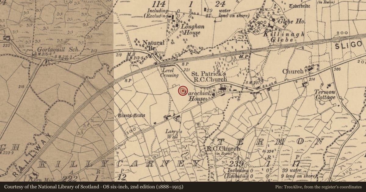 Ordnance Survey six-inch map, 2nd edition (1888–1915) covering the location of Ringfort - cashel, Killycarney, County Cavan, with a pin at the register's coordinates