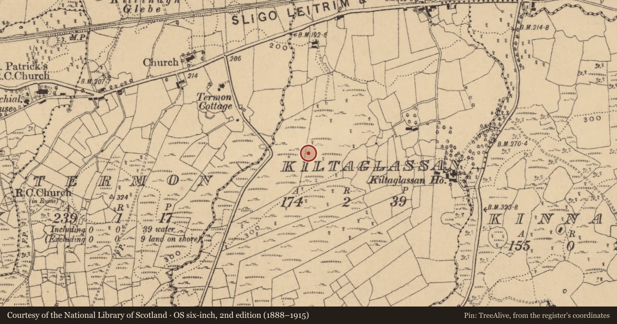 Ordnance Survey six-inch map, 2nd edition (1888–1915) covering the location of Cairn - unclassified, Kiltaglassan, County Cavan, with a pin at the register's coordinates