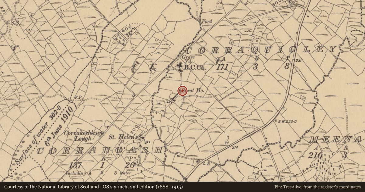 Ordnance Survey six-inch map, 2nd edition (1888–1915) covering the location of Sweathouse, Corraquigley, County Cavan, with a pin at the register's coordinates