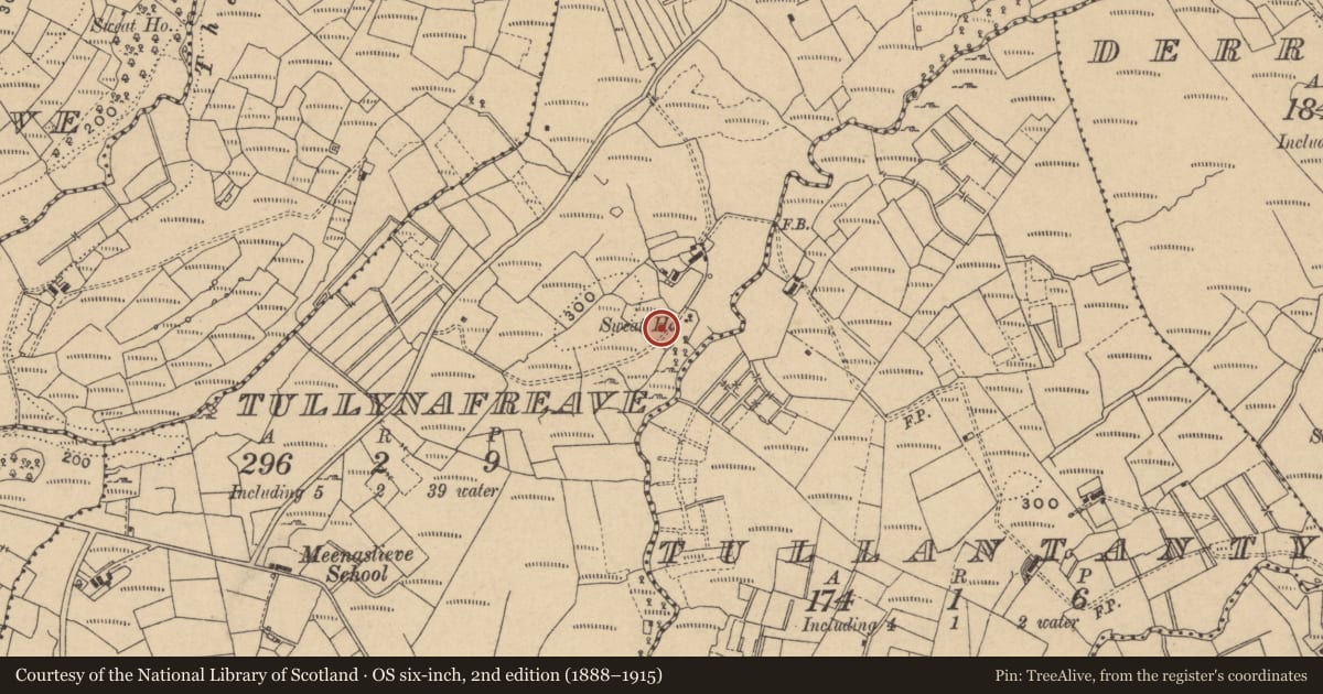 Ordnance Survey six-inch map, 2nd edition (1888–1915) covering the location of Sweathouse, Tullynafreave, County Cavan, with a pin at the register's coordinates