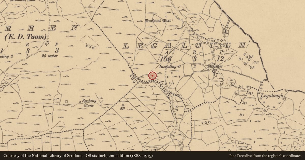 Ordnance Survey six-inch map, 2nd edition (1888–1915) covering the location of Hut site, Legalough, County Cavan, with a pin at the register's coordinates