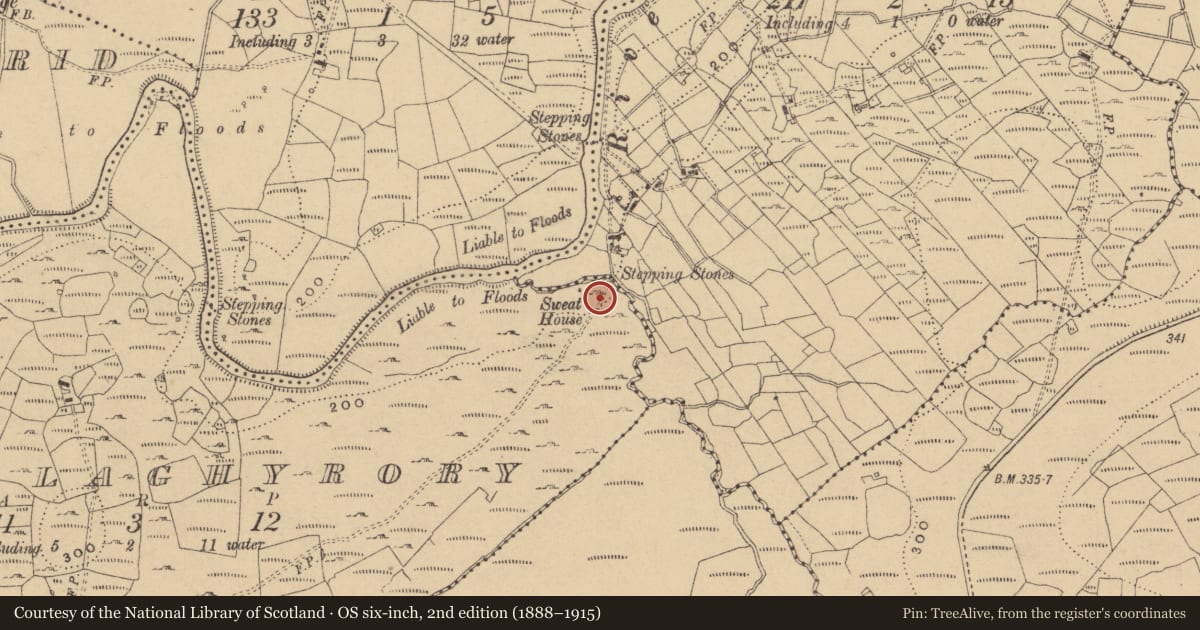 Ordnance Survey six-inch map, 2nd edition (1888–1915) covering the location of Sweathouse, Tullaghyrory, County Cavan, with a pin at the register's coordinates