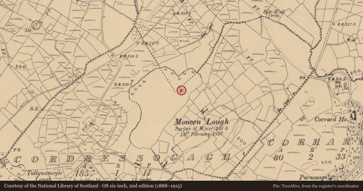 Ordnance Survey six-inch map, 2nd edition (1888–1915) covering the location of Crannog, Cordressogagh, County Cavan, with a pin at the register's coordinates
