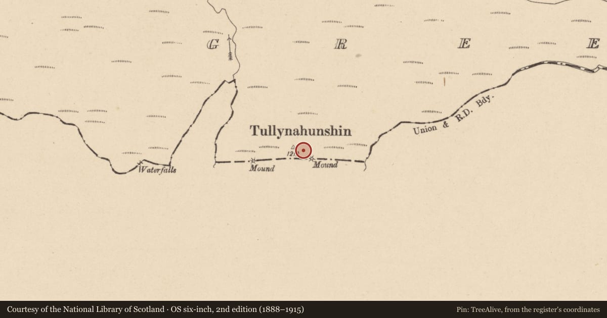 Ordnance Survey six-inch map, 2nd edition (1888–1915) covering the location of Boundary mound, Alteen, County Cavan, with a pin at the register's coordinates