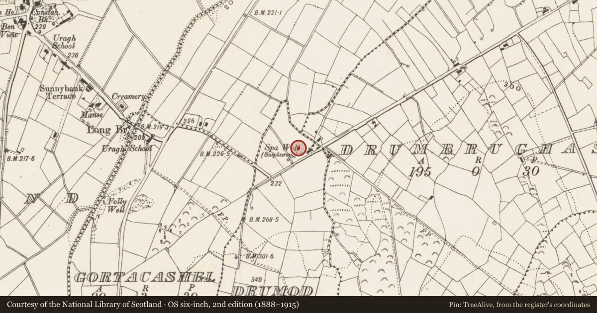 Ordnance Survey six-inch map, 2nd edition (1888–1915) covering the location of Well, Drumod Glebe, County Cavan, with a pin at the register's coordinates