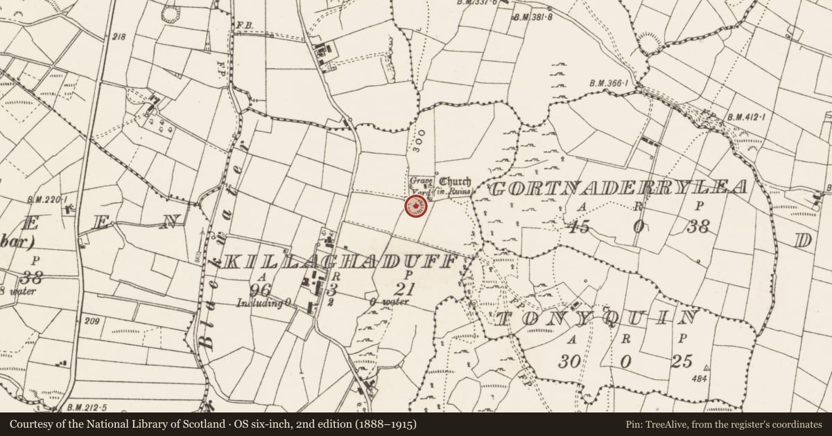 Ordnance Survey six-inch map, 2nd edition (1888–1915) covering the location of Ringfort - rath, Killaghaduff, County Cavan, with a pin at the register's coordinates