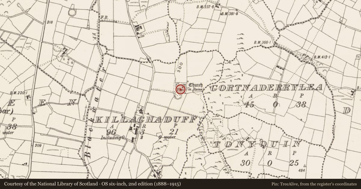 Ordnance Survey six-inch map, 2nd edition (1888–1915) covering the location of Graveyard, Killaghaduff, County Cavan, with a pin at the register's coordinates