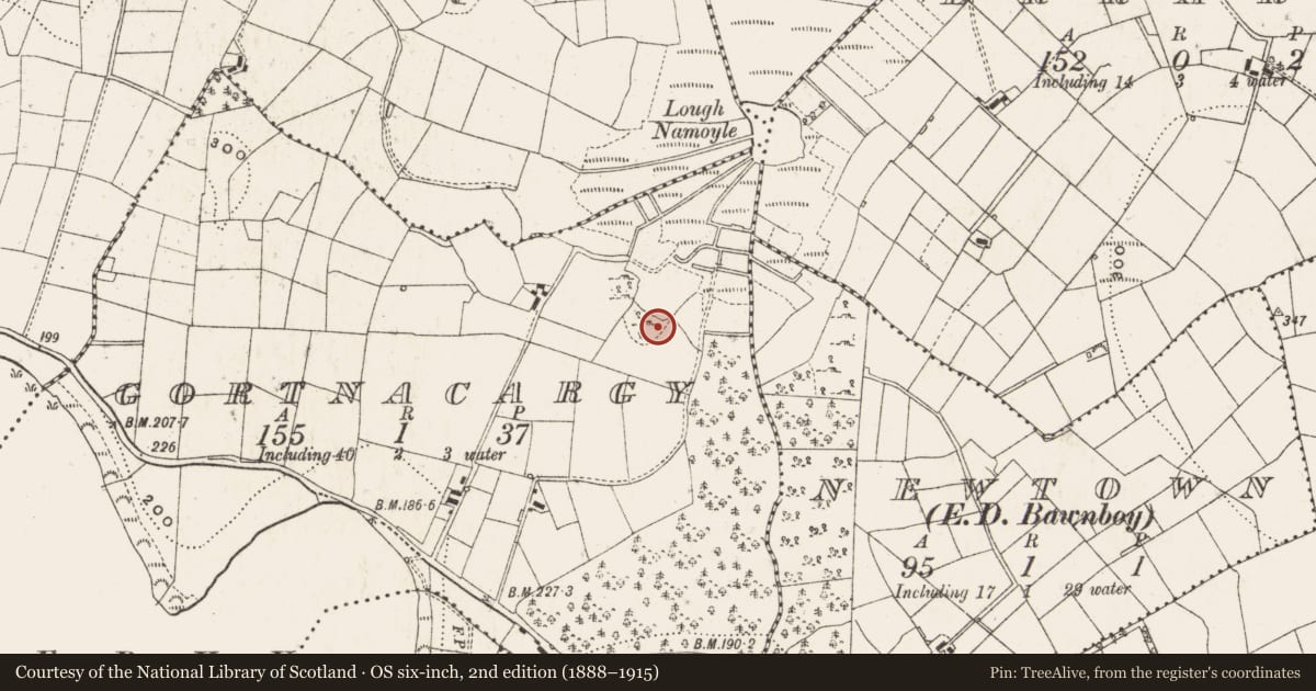 Ordnance Survey six-inch map, 2nd edition (1888–1915) covering the location of Burial, Gortnacargy, County Cavan, with a pin at the register's coordinates