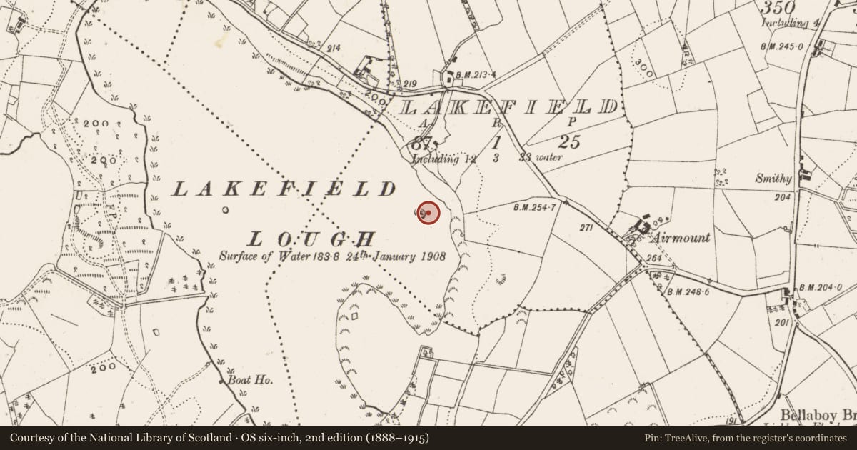 Ordnance Survey six-inch map, 2nd edition (1888–1915) covering the location of Crannog, Lakefield, County Cavan, with a pin at the register's coordinates