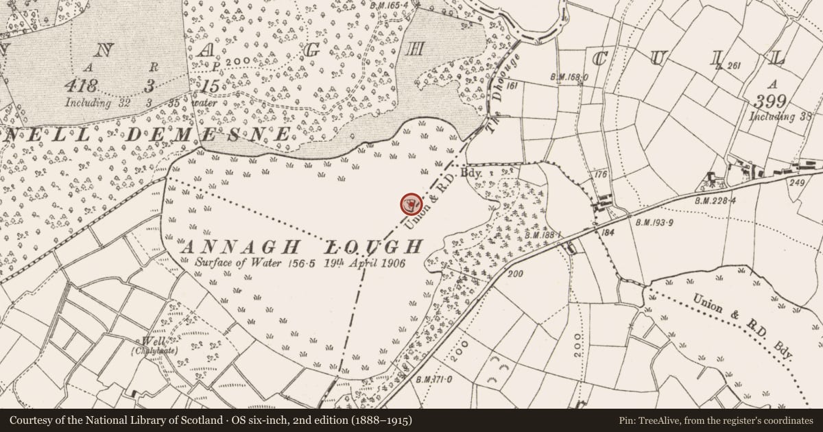 Ordnance Survey six-inch map, 2nd edition (1888–1915) covering the location of Crannog, Annagh, County Cavan, with a pin at the register's coordinates
