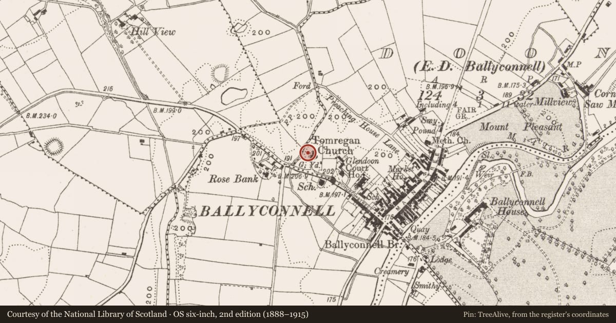 Ordnance Survey six-inch map, 2nd edition (1888–1915) covering the location of Castle - unclassified, Doon, County Cavan, with a pin at the register's coordinates