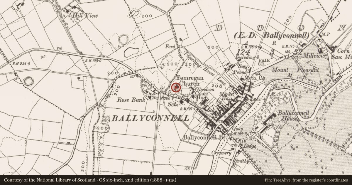 Ordnance Survey six-inch map, 2nd edition (1888–1915) covering the location of Exhibitionist figure (present location), Doon, County Cavan, with a pin at the register's coordinates