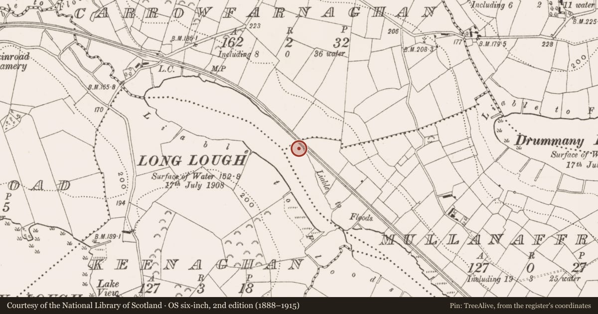 Ordnance Survey six-inch map, 2nd edition (1888–1915) covering the location of Crannog, Keenaghan, Mullanaffrin, County Cavan, with a pin at the register's coordinates