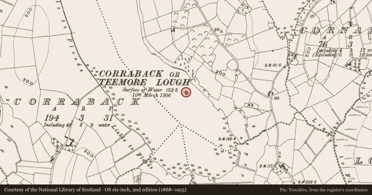 Ordnance Survey six-inch map, 2nd edition (1888–1915) covering the location of Crannog, Coragh, County Cavan, with a pin at the register's coordinates