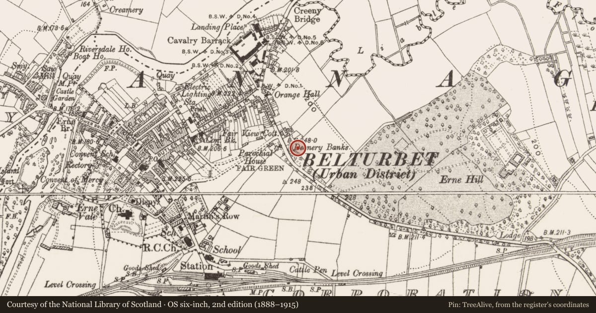 Ordnance Survey six-inch map, 2nd edition (1888–1915) covering the location of Battery, Corporation Lands, County Cavan, with a pin at the register's coordinates