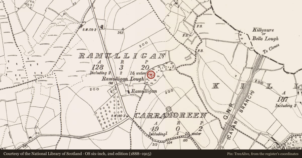 Ordnance Survey six-inch map, 2nd edition (1888–1915) covering the location of Crannog, Carramoreen, Ramulligan, County Cavan, with a pin at the register's coordinates