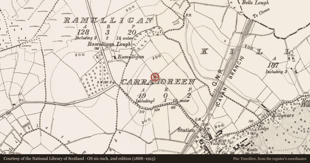 Ordnance Survey six-inch map, 2nd edition (1888–1915) covering the location of Barrow - unclassified, Carramoreen, County Cavan, with a pin at the register's coordinates