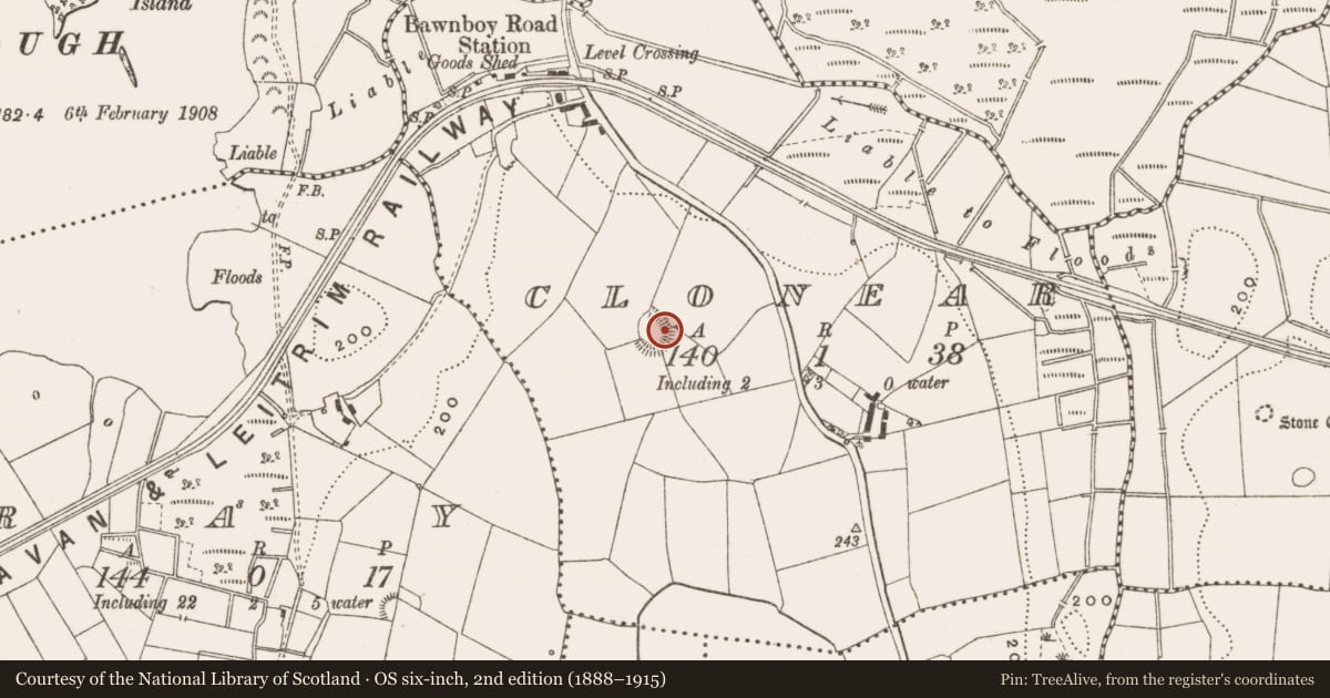 Ordnance Survey six-inch map, 2nd edition (1888–1915) covering the location of Souterrain, Cloneary, County Cavan, with a pin at the register's coordinates