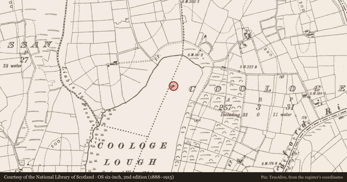 Ordnance Survey six-inch map, 2nd edition (1888–1915) covering the location of Crannog, Coologe, County Cavan, with a pin at the register's coordinates