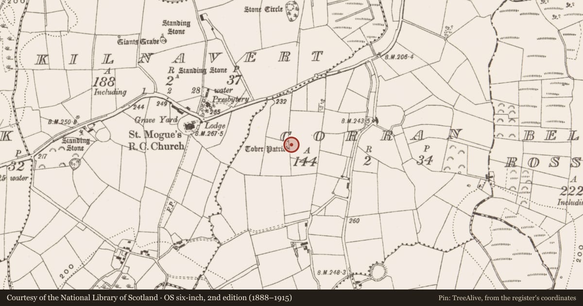 Ordnance Survey six-inch map, 2nd edition (1888–1915) covering the location of Ritual site - holy well, Corran, County Cavan, with a pin at the register's coordinates