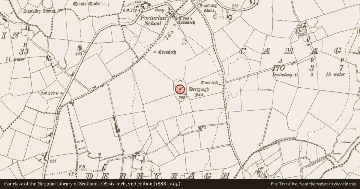 Ordnance Survey six-inch map, 2nd edition (1888–1915) covering the location of Hilltop enclosure, Derryragh, County Cavan, with a pin at the register's coordinates