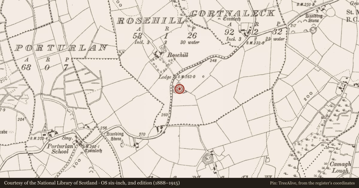 Ordnance Survey six-inch map, 2nd edition (1888–1915) covering the location of Ringfort - rath, Gortnaleck, County Cavan, with a pin at the register's coordinates