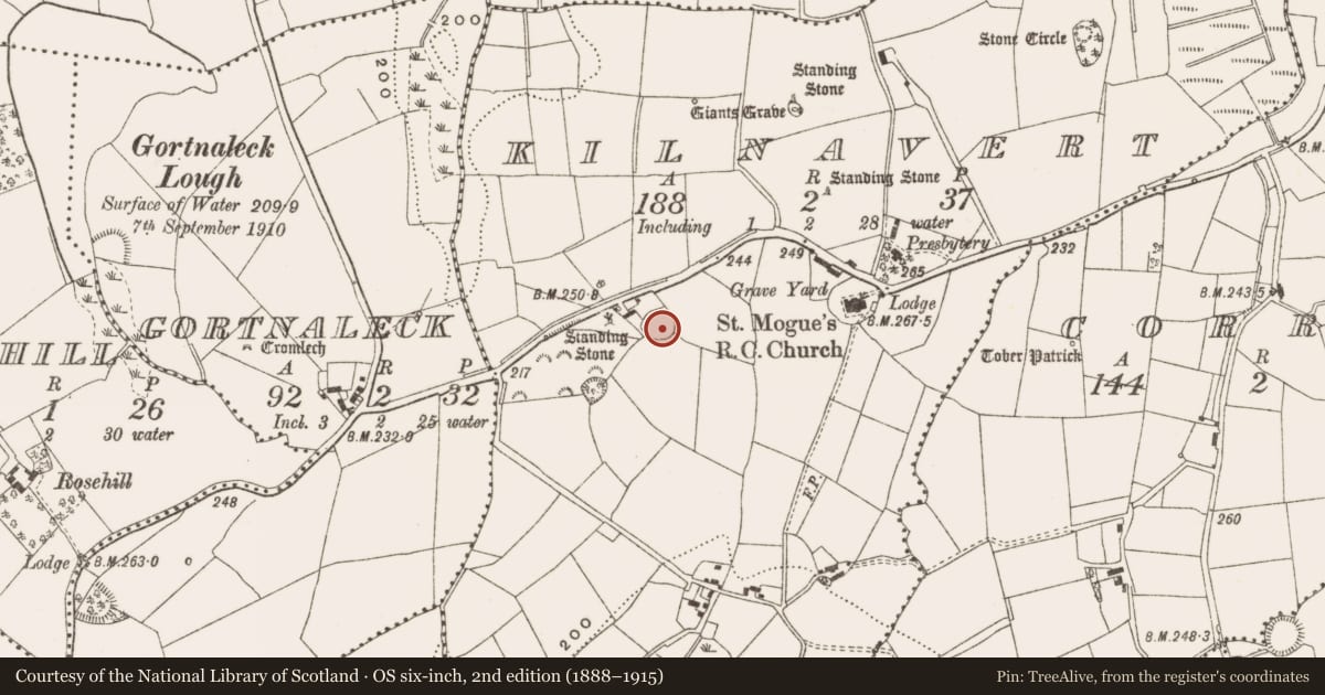 Ordnance Survey six-inch map, 2nd edition (1888–1915) covering the location of Barrow - unclassified, Kilnavert, County Cavan, with a pin at the register's coordinates