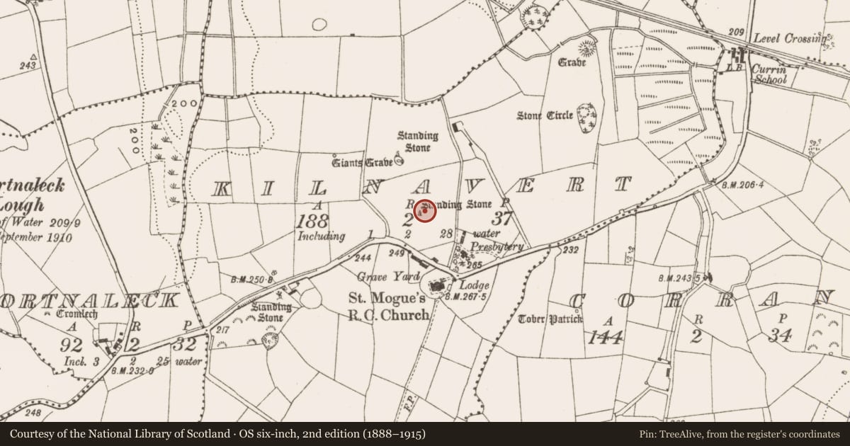 Ordnance Survey six-inch map, 2nd edition (1888–1915) covering the location of Standing stone, Kilnavert, County Cavan, with a pin at the register's coordinates