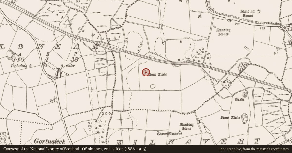 Ordnance Survey six-inch map, 2nd edition (1888–1915) covering the location of Stone circle, Lissanover, County Cavan, with a pin at the register's coordinates