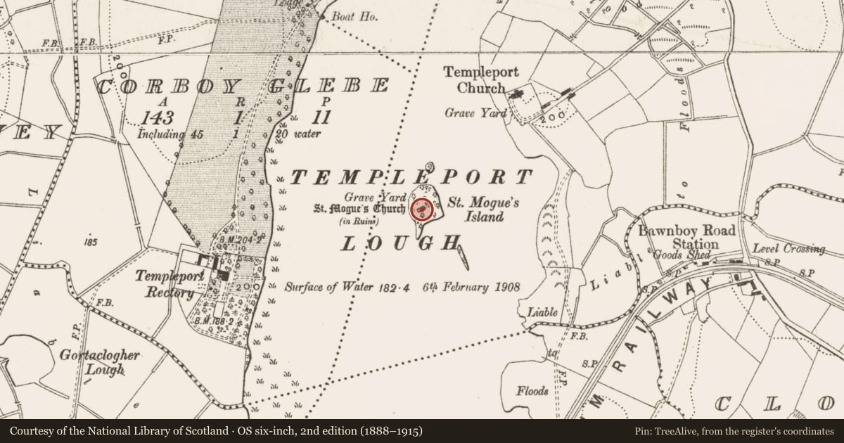 Ordnance Survey six-inch map, 2nd edition (1888–1915) covering the location of Church, Port, County Cavan, with a pin at the register's coordinates