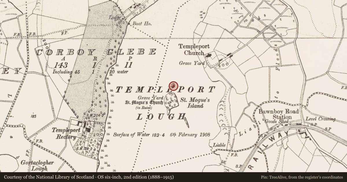 Ordnance Survey six-inch map, 2nd edition (1888–1915) covering the location of Crannog, Port, County Cavan, with a pin at the register's coordinates