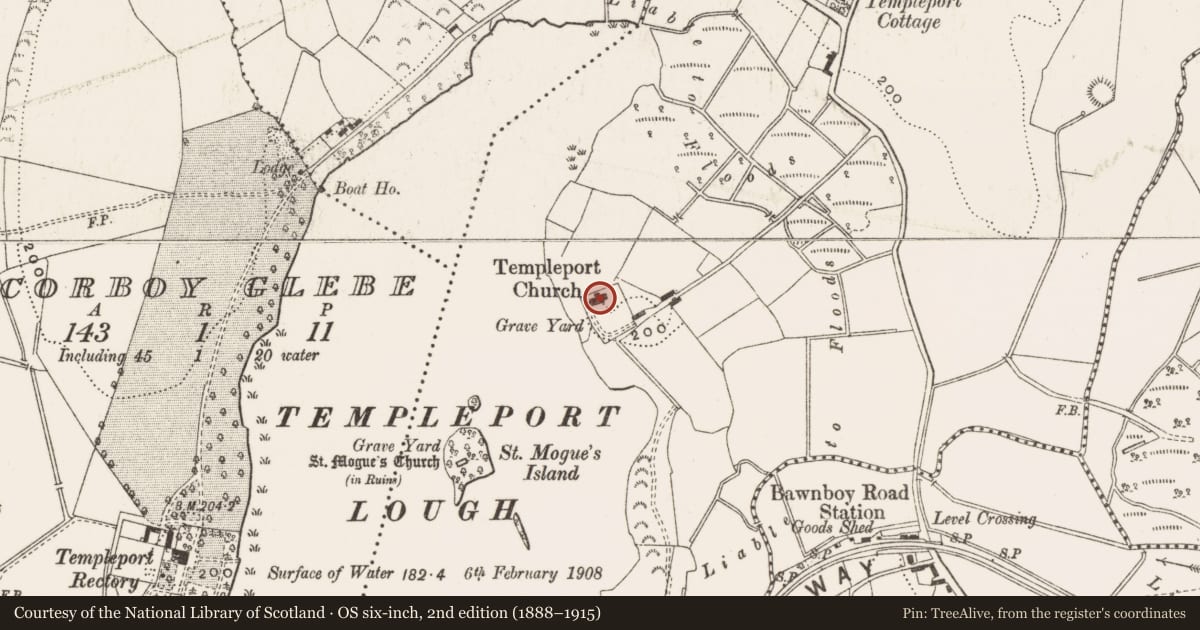 Ordnance Survey six-inch map, 2nd edition (1888–1915) covering the location of Church, Port, County Cavan, with a pin at the register's coordinates