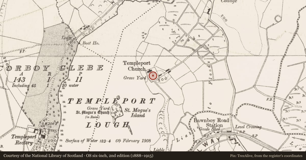 Ordnance Survey six-inch map, 2nd edition (1888–1915) covering the location of Graveyard, Port, County Cavan, with a pin at the register's coordinates