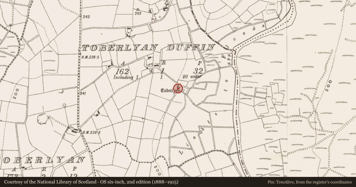 Ordnance Survey six-inch map, 2nd edition (1888–1915) covering the location of Ritual site - holy well, Toberlyan Duffin, County Cavan, with a pin at the register's coordinates