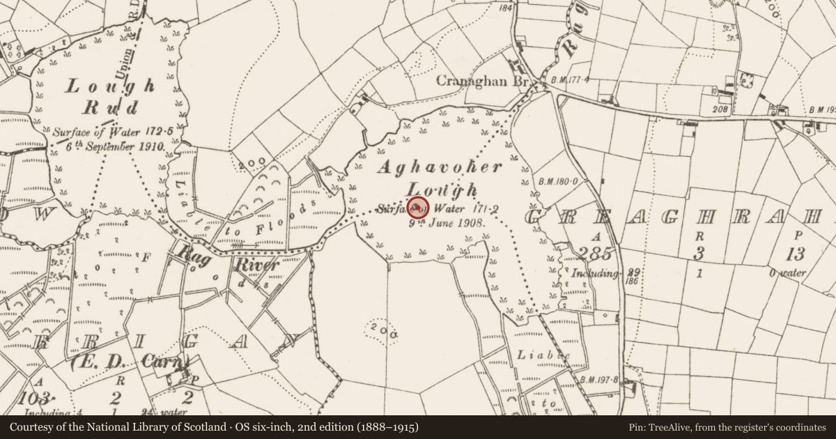 Ordnance Survey six-inch map, 2nd edition (1888–1915) covering the location of Crannog, Aghavoher, County Cavan, with a pin at the register's coordinates