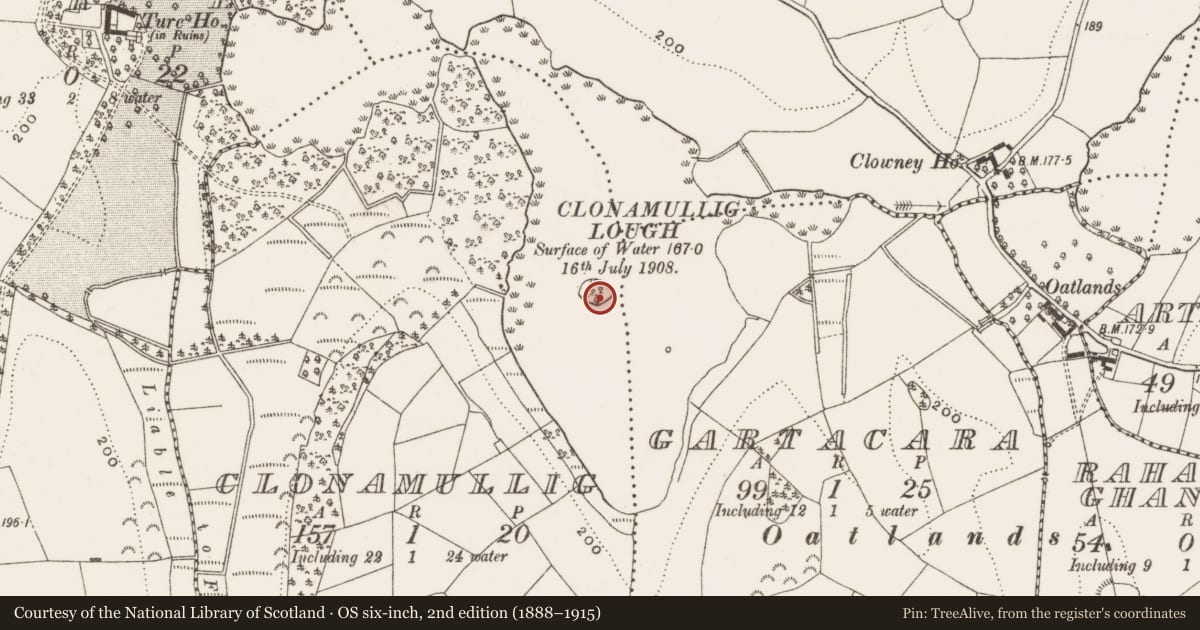 Ordnance Survey six-inch map, 2nd edition (1888–1915) covering the location of Crannog, Clonamullig, County Cavan, with a pin at the register's coordinates