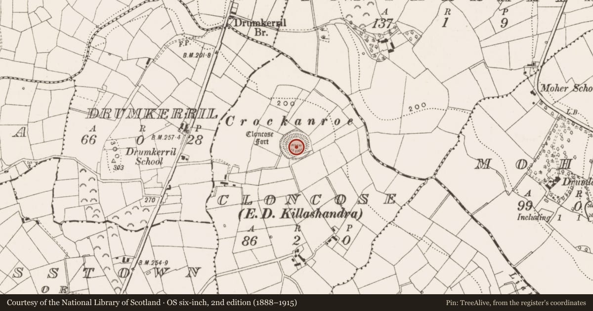 Ordnance Survey six-inch map, 2nd edition (1888–1915) covering the location of Souterrain, Cloncose, County Cavan, with a pin at the register's coordinates