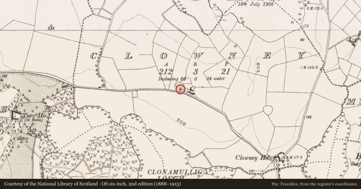 Ordnance Survey six-inch map, 2nd edition (1888–1915) covering the location of Ringfort - rath, Clowney, County Cavan, with a pin at the register's coordinates