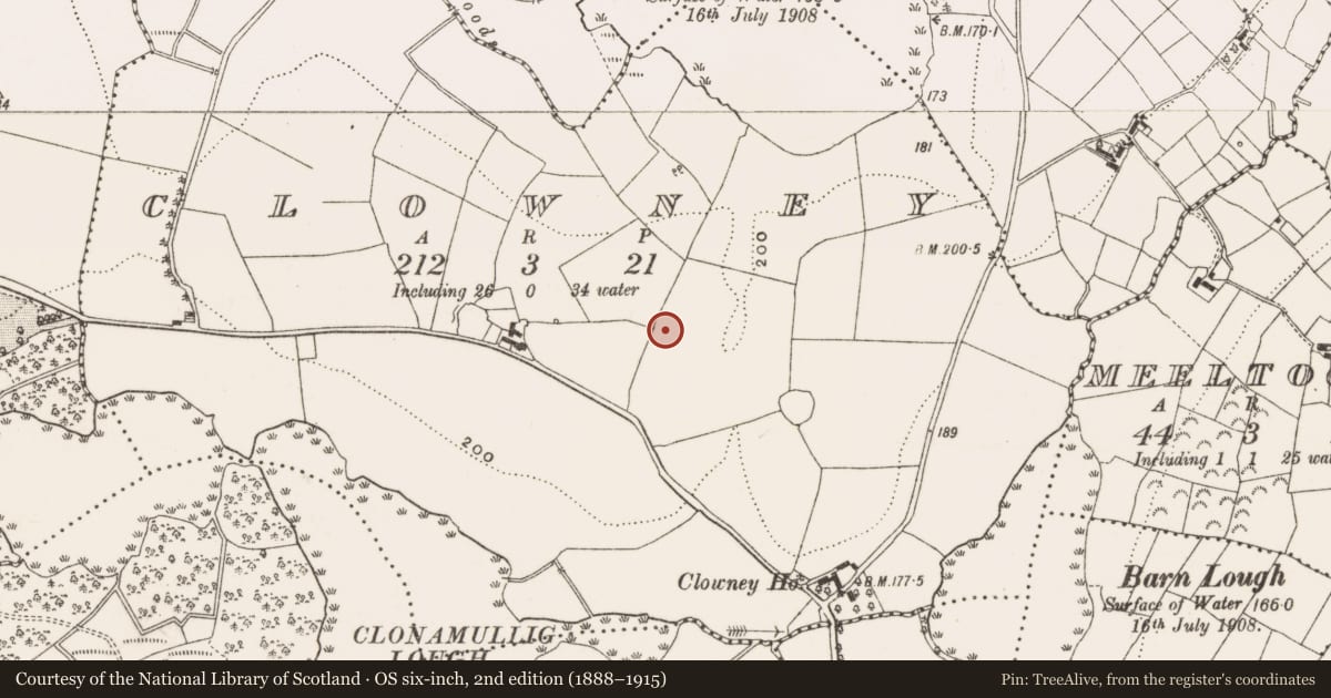 Ordnance Survey six-inch map, 2nd edition (1888–1915) covering the location of Structure, Clowney, County Cavan, with a pin at the register's coordinates