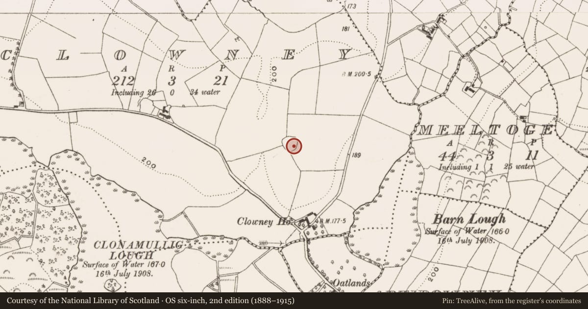 Ordnance Survey six-inch map, 2nd edition (1888–1915) covering the location of Ringfort - rath, Clowney, County Cavan, with a pin at the register's coordinates