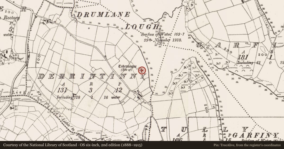 Ordnance Survey six-inch map, 2nd edition (1888–1915) covering the location of Ritual site - holy well, Derrintinny, County Cavan, with a pin at the register's coordinates