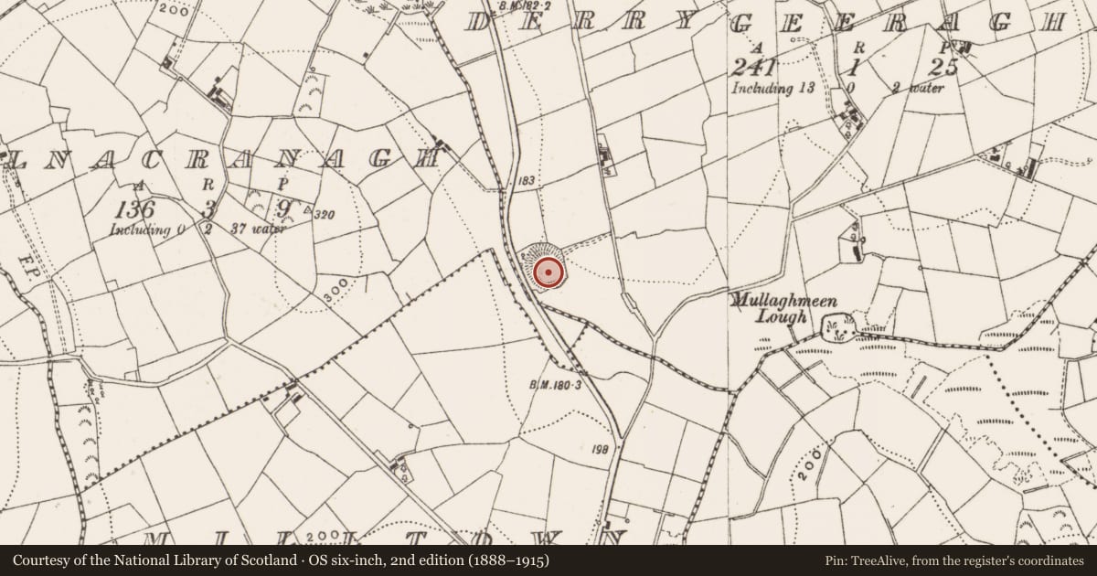 Ordnance Survey six-inch map, 2nd edition (1888–1915) covering the location of Ringfort - rath, Derrygeeraghan, County Cavan, with a pin at the register's coordinates