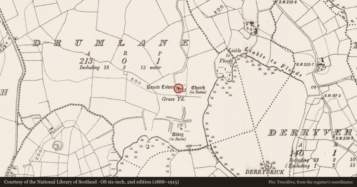 Ordnance Survey six-inch map, 2nd edition (1888–1915) covering the location of Round tower, Drumlane, County Cavan, with a pin at the register's coordinates