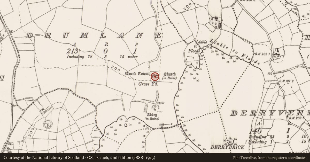 Ordnance Survey six-inch map, 2nd edition (1888–1915) covering the location of Religious house - Augustinian canons, Drumlane, County Cavan, with a pin at the register's coordinates