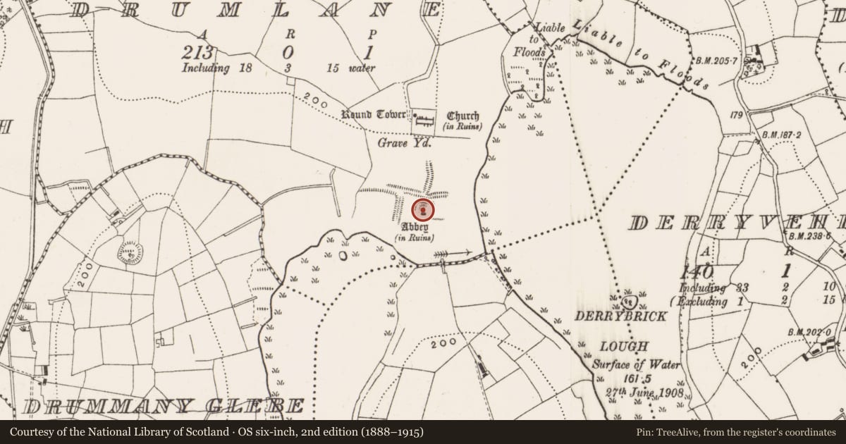Ordnance Survey six-inch map, 2nd edition (1888–1915) covering the location of Ecclesiastical residence, Drumlane, County Cavan, with a pin at the register's coordinates