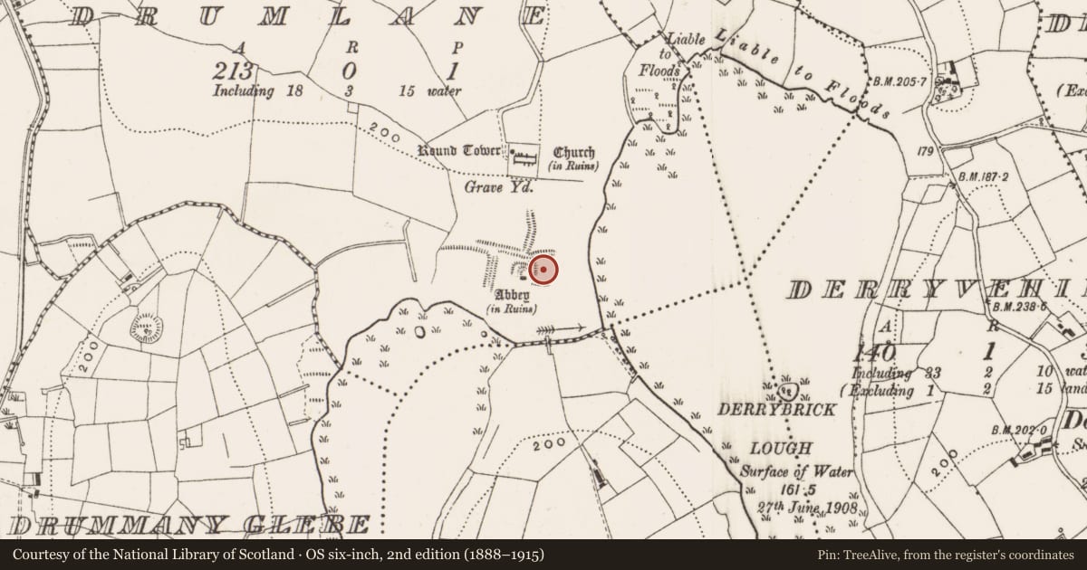 Ordnance Survey six-inch map, 2nd edition (1888–1915) covering the location of Burial, Drumlane, County Cavan, with a pin at the register's coordinates