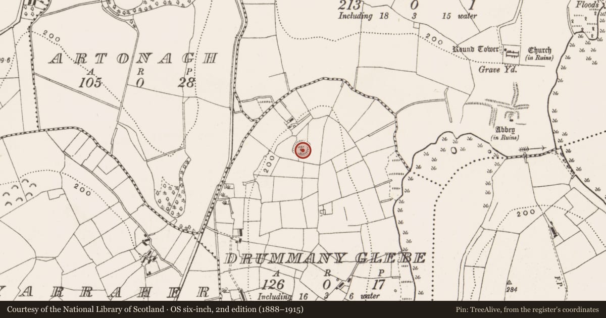 Ordnance Survey six-inch map, 2nd edition (1888–1915) covering the location of Ringfort - rath, Drummany Glebe, County Cavan, with a pin at the register's coordinates