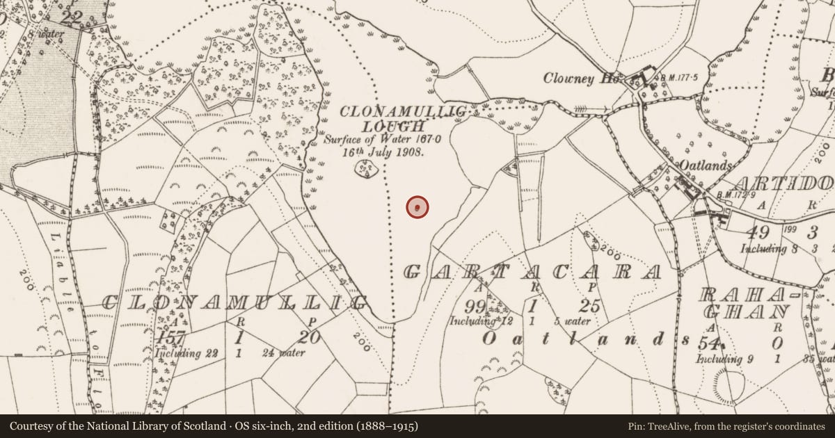 Ordnance Survey six-inch map, 2nd edition (1888–1915) covering the location of Crannog, Gartacara, County Cavan, with a pin at the register's coordinates